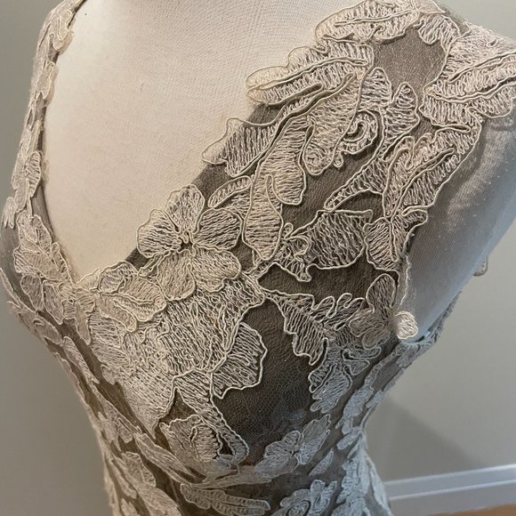 Tadashi Shoji Scalloped V-Neck Sleeveless Two Tone Corded Lace Gown - Picture 2 of 10